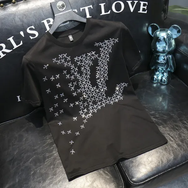 Design LV Monogram Crystal Embroidery Black T-Shirt - 1