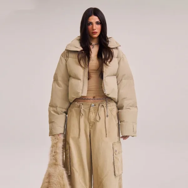Design Cropped Puffer Jacket Beige Outerwear - 7