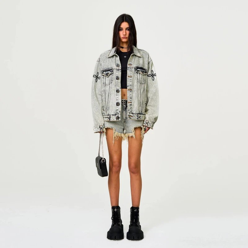 SMF Black Denim Jacket with Embroidered Floral Motif - 12