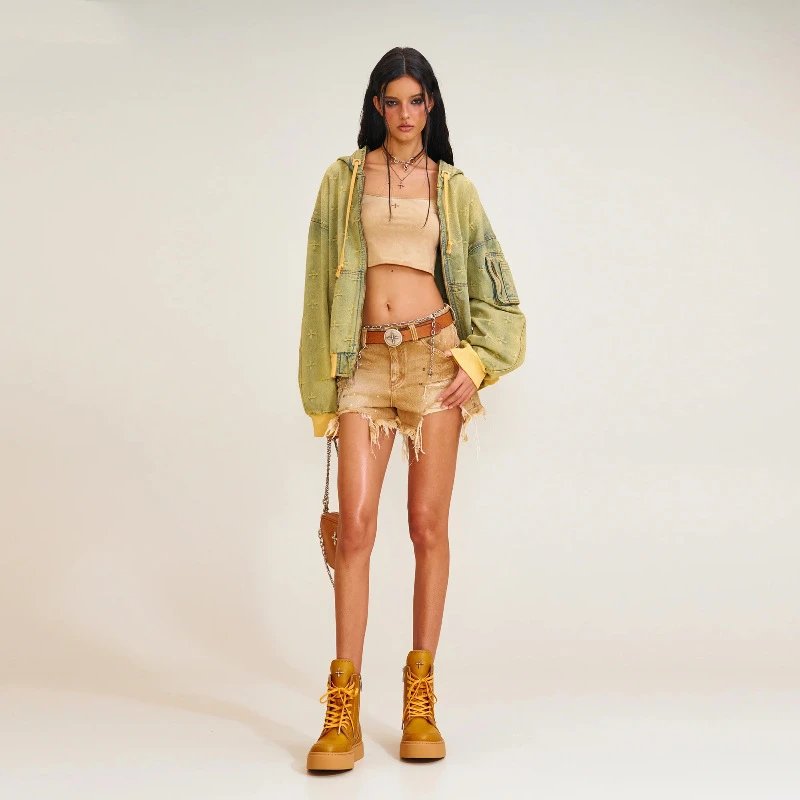 SMF SMFK Hooded Denim Jacket Olive Green Cross-Stitch Embroidery Outerwear - 6