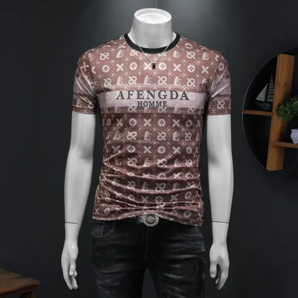 Design AFENGDA Homme Monogram Print Brown T-Shirt T-Shirts - 17