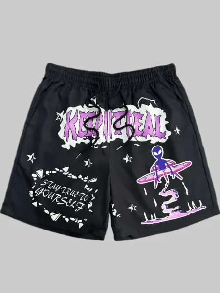 Design Keep It Real Alien Print Drawstring Shorts Black Shorts - 1