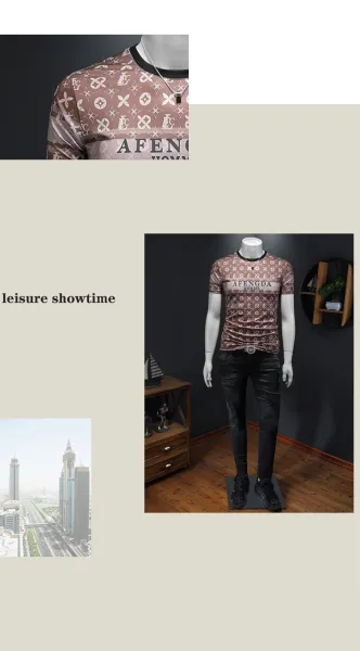 Design AFENGDA Homme Monogram Print Brown T-Shirt T-Shirts - 25