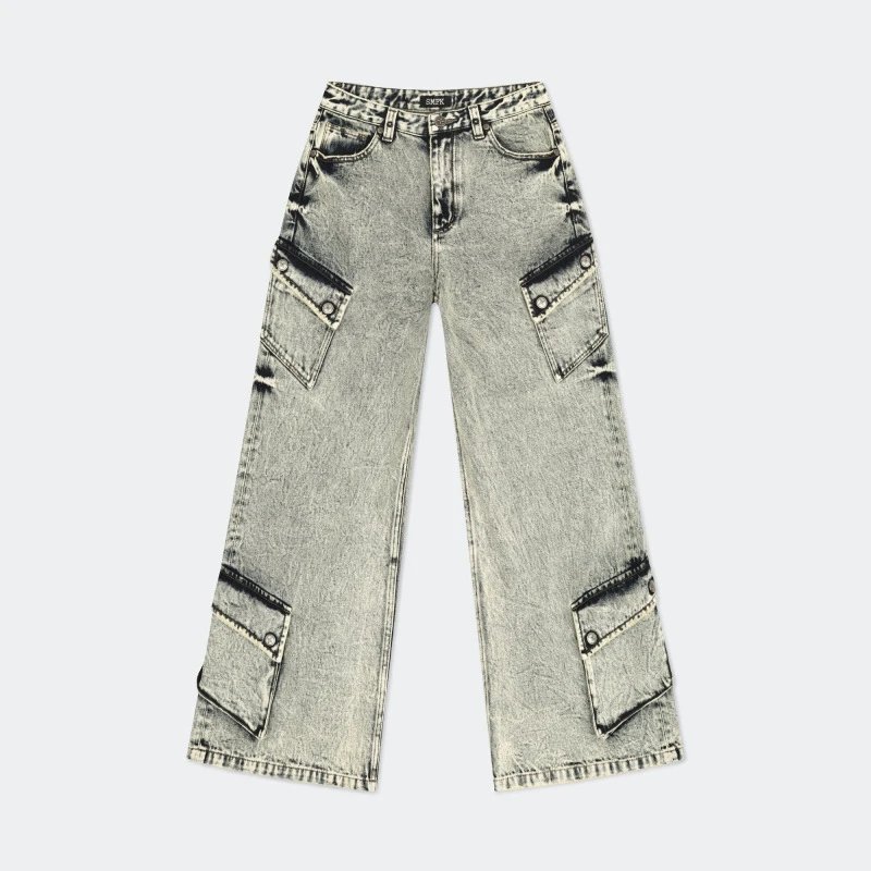 Design Cargo Pocket Wide-Leg Black Denim Jeans - 4