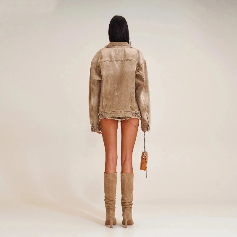 Design Glitter Denim Jacket Beige Outerwear - 12
