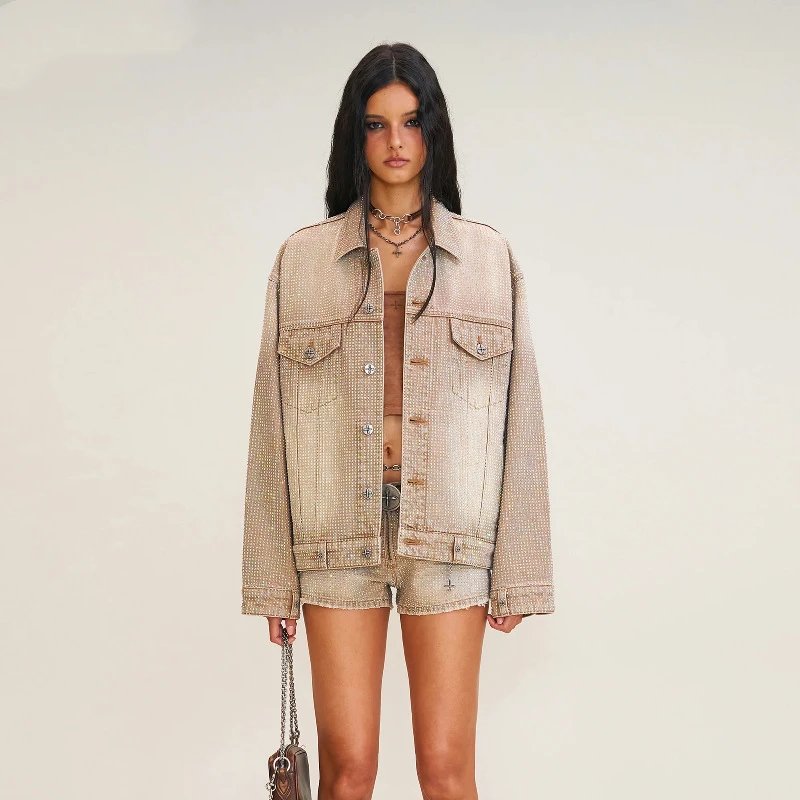 Design Glitter Denim Jacket Beige Outerwear - 15