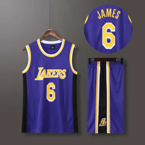 Los Angeles Lakers LeBron James #6 Purple Basketball Jersey Set - 1