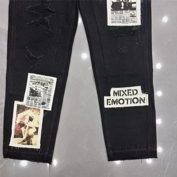 Design Newspaper Patchwork Distressed Black Jeans - 7