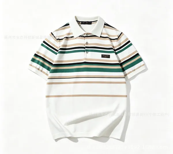 Design Checker Texture T-Shirt White with Green Stripes - 4