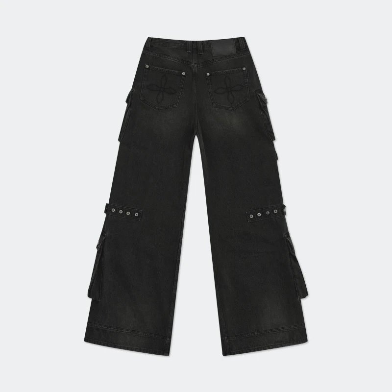 Design Cargo Pocket Wide-Leg Black Denim Jeans - 10