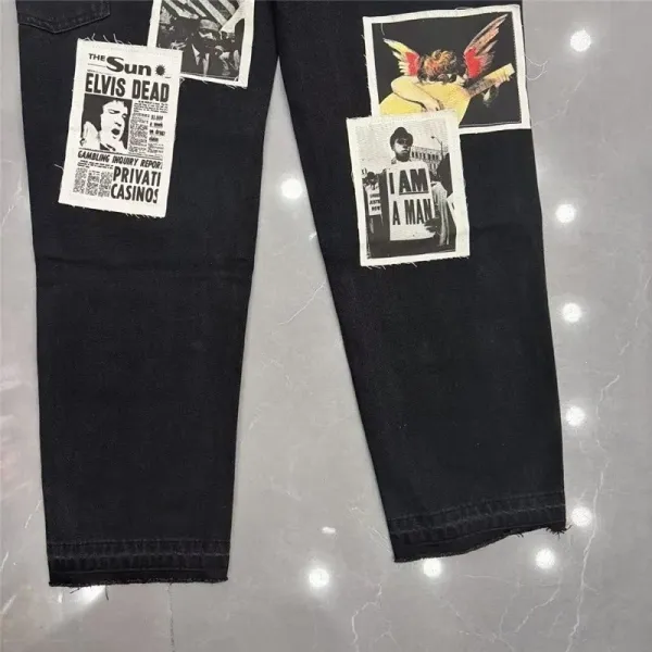 Design Newspaper Patchwork Distressed Black Jeans - 11
