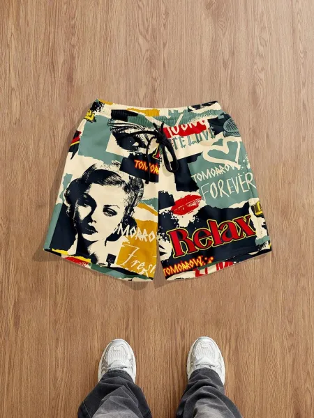 Design Puzzle Print Drawstring Shorts Black - 29