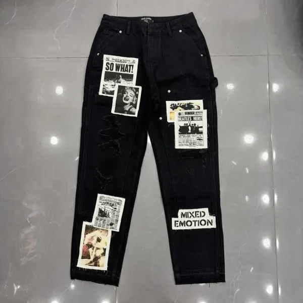Design Newspaper Patchwork Distressed Black Jeans - 1
