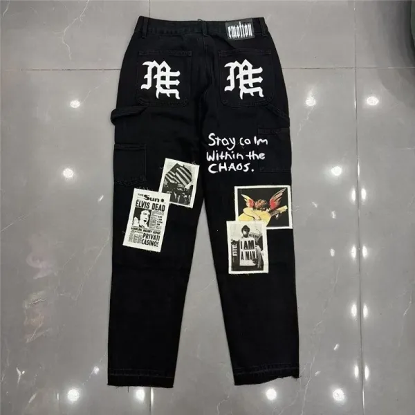 Design Newspaper Patchwork Distressed Black Jeans - 5
