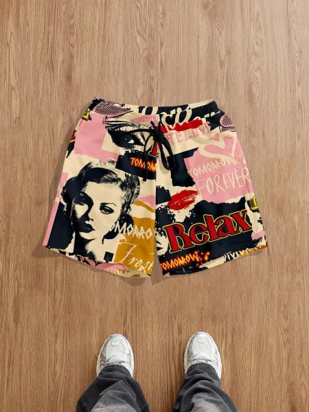 Design Puzzle Print Drawstring Shorts Black - 30