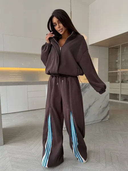 Design Track Suit Set Brown with Blue Stripe Pants Tracksuit - 1
