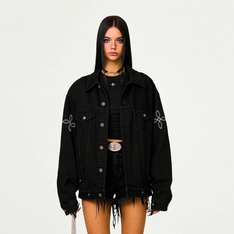 SMF Black Denim Jacket with Embroidered Floral Motif - 10