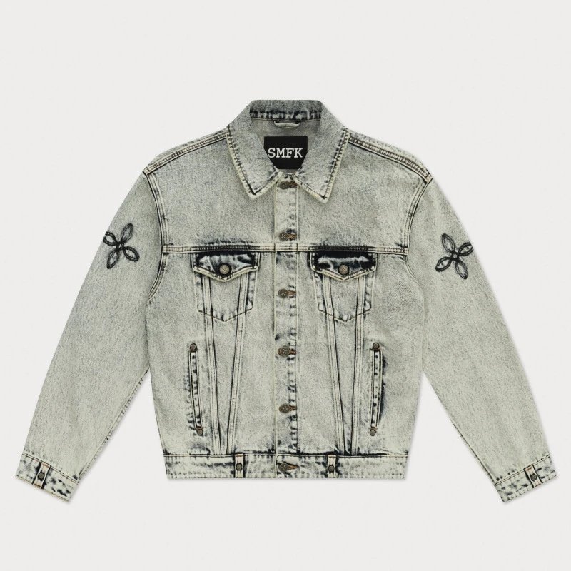 SMF Black Denim Jacket with Embroidered Floral Motif - 15