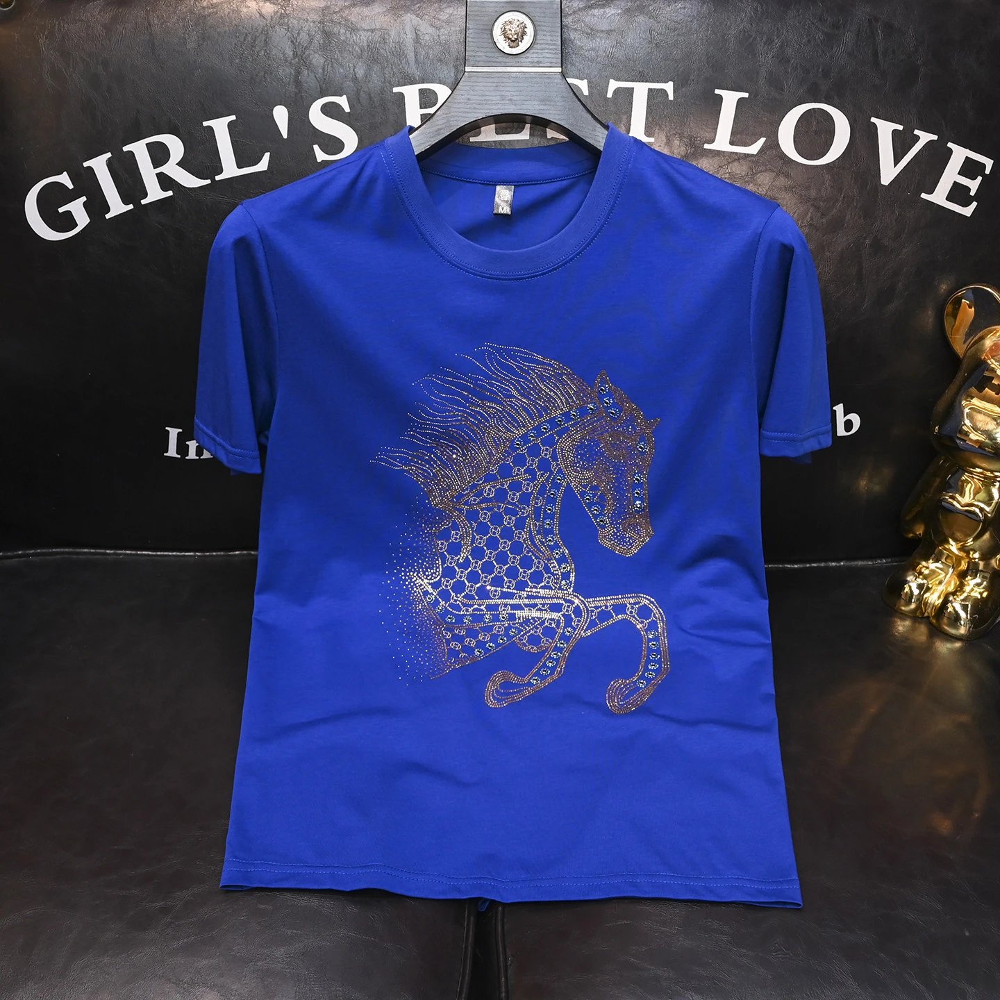 Design Horse Rhinestone Embroidery Royal Blue T-Shirt - 1