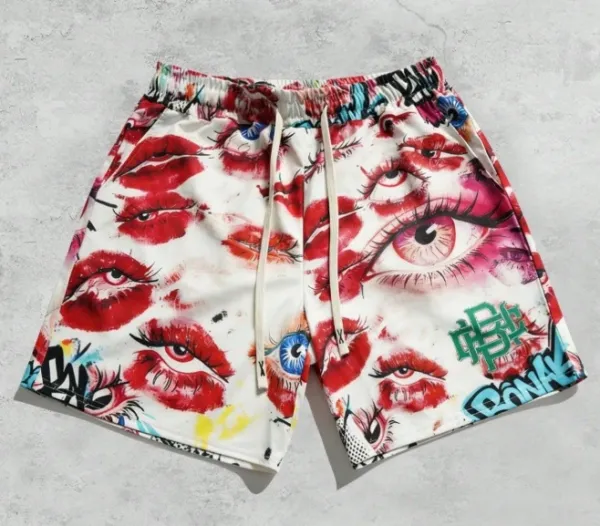 Design Eye and Lips Print Drawstring Shorts Multicolor Shorts - 1