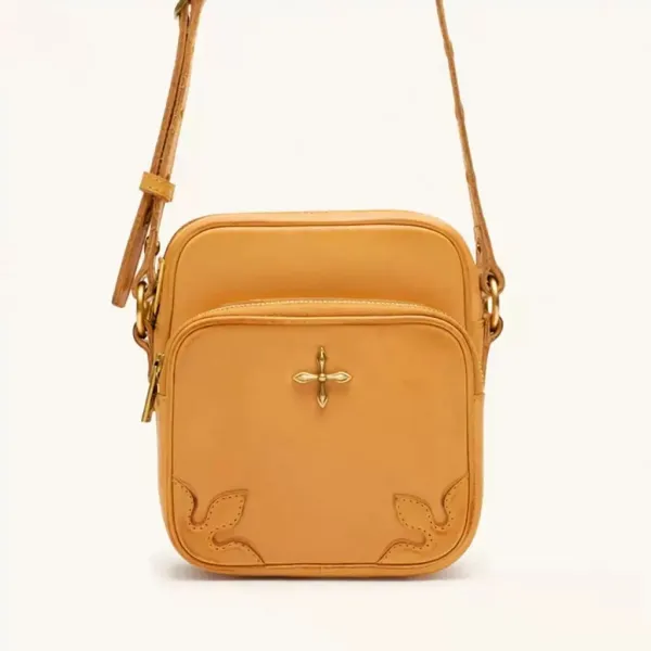 Design Leather Crossbody Bag with Embroidered Leaf Motif Tan - 6