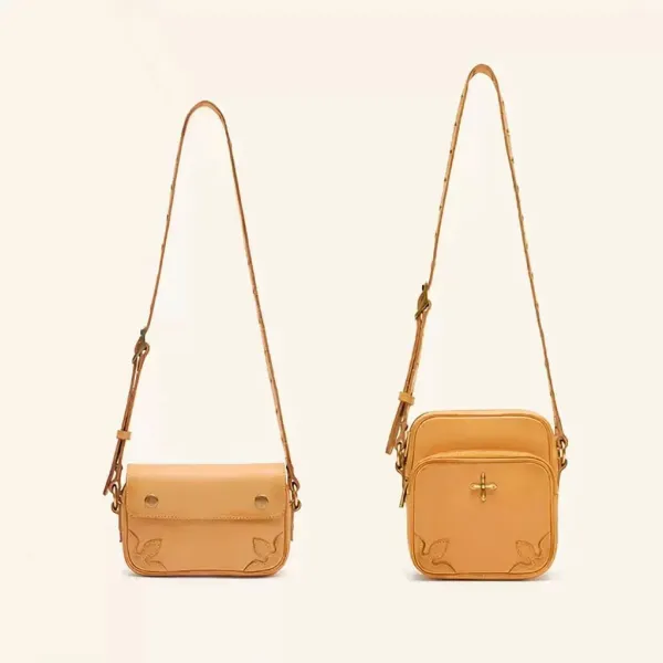 Design Leather Crossbody Bag with Embroidered Leaf Motif Tan - 5