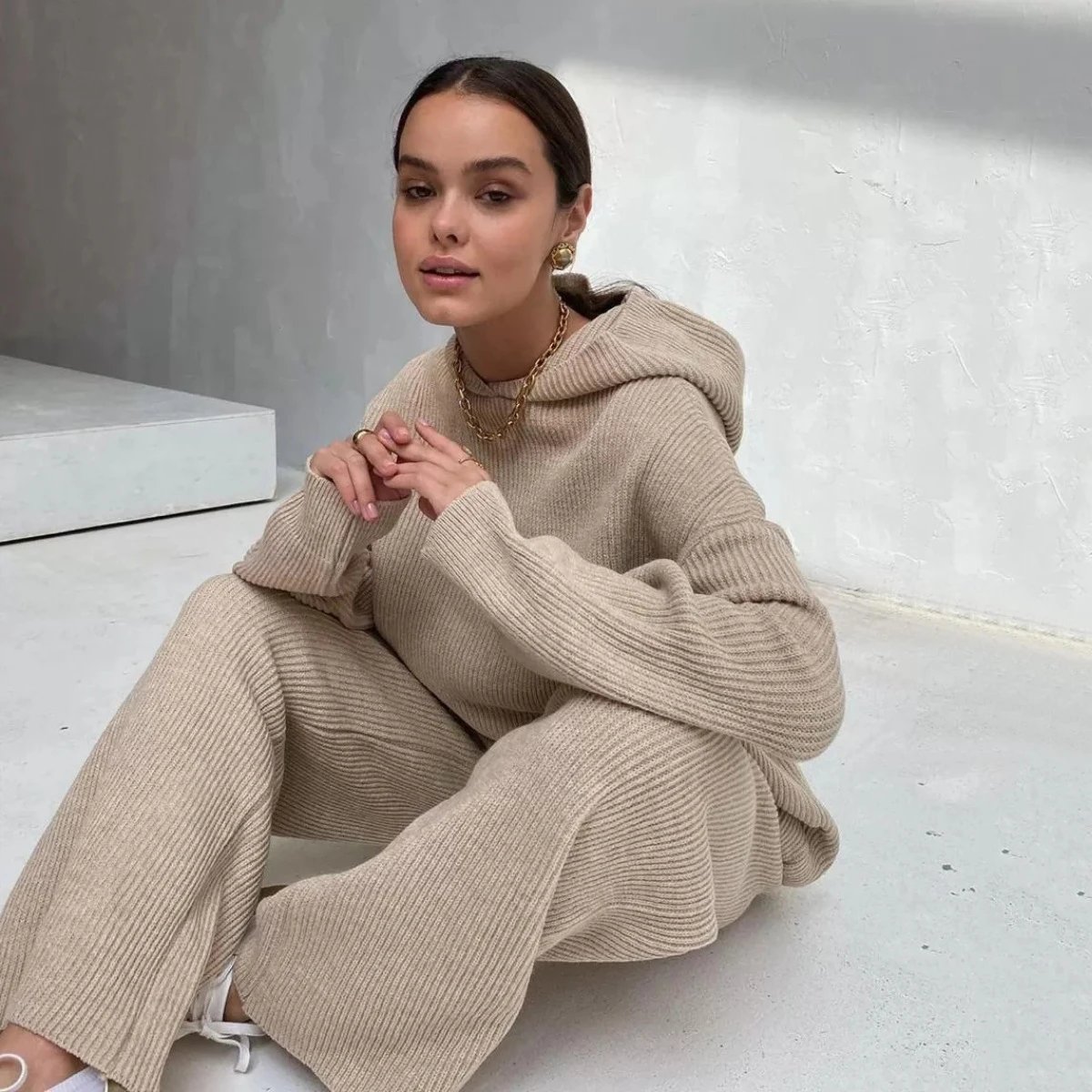 Design Ribbed Cropped Hoodie and Drawstring Pants Set Beige - 8