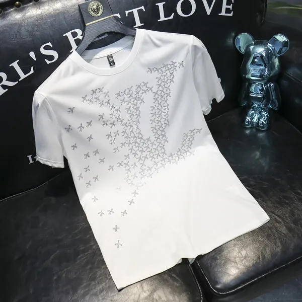 Design LV-Inspired Crystal Embroidery White T-Shirt Tops.t Shirts - 1