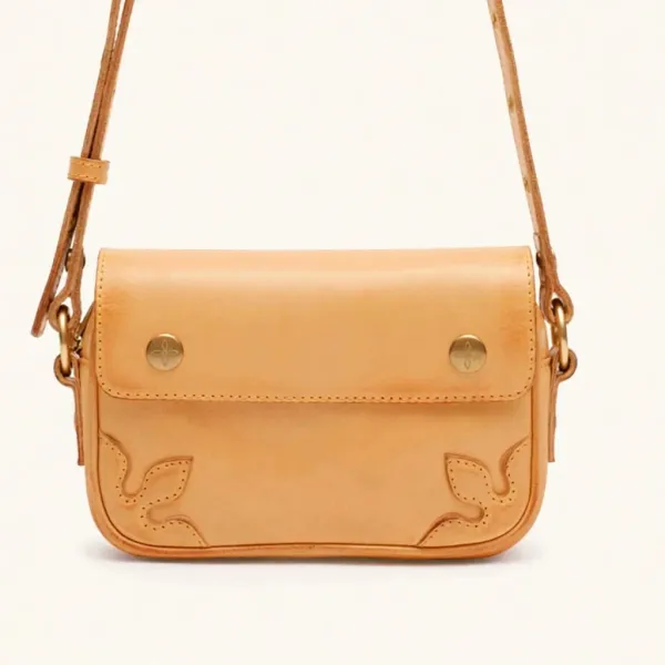Design Leather Crossbody Bag with Embroidered Leaf Motif Tan - 7