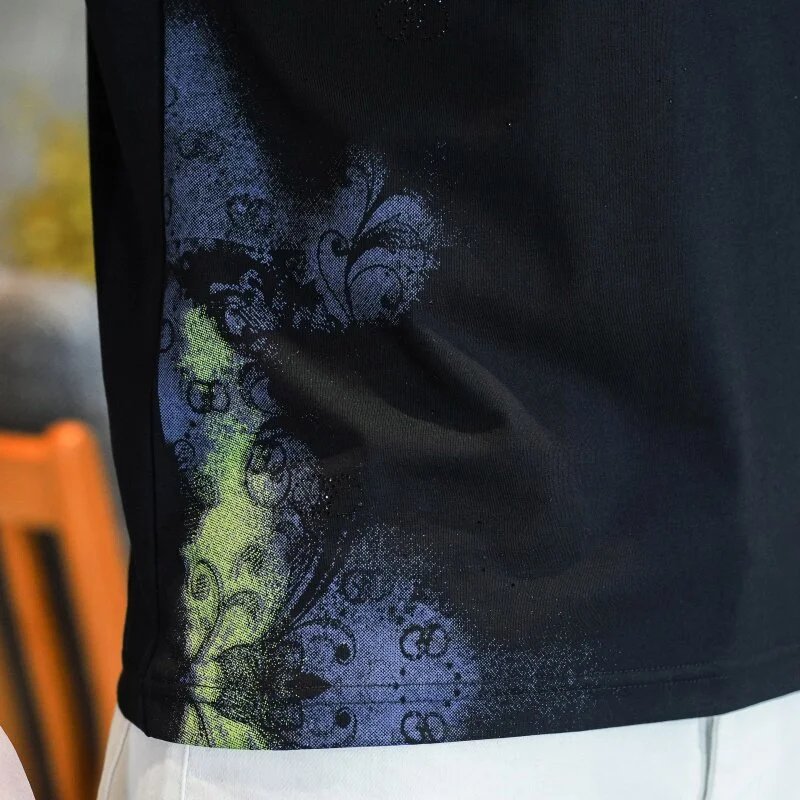 Design Graphic Print Black T-Shirt with Floral Pattern and White Embroidered Pants - 8