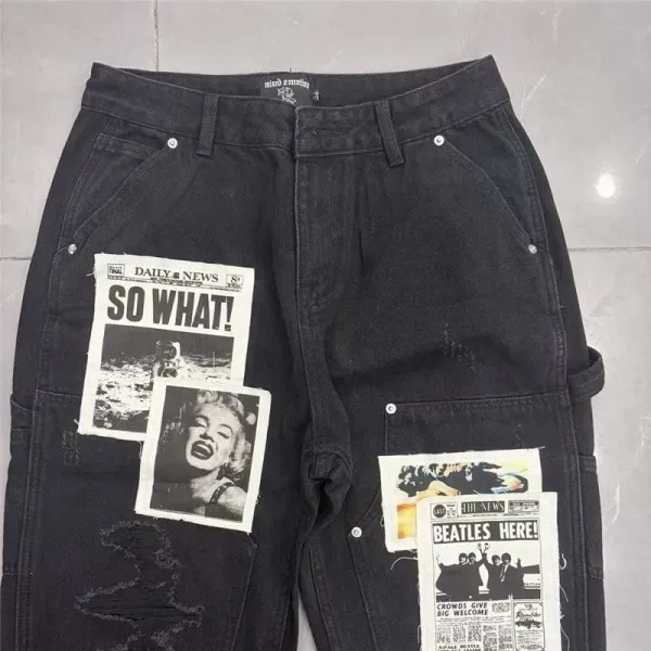 Design Newspaper Patchwork Distressed Black Jeans - 6