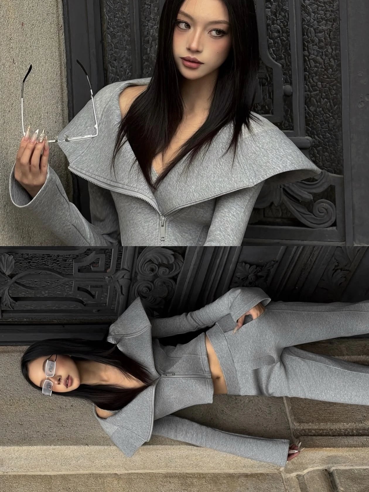 Design Cropped Hooded Tracksuit Gray - 8