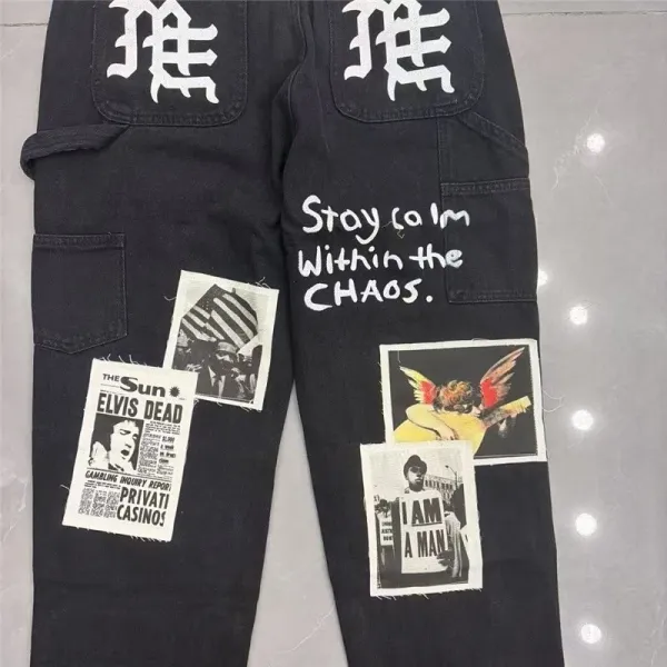 Design Newspaper Patchwork Distressed Black Jeans - 10