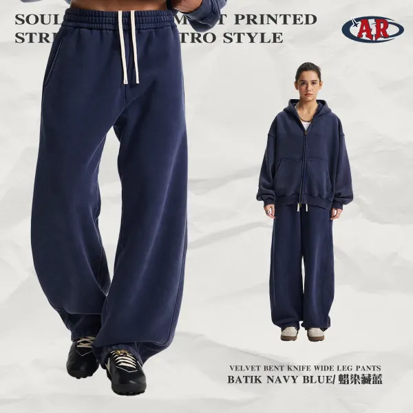 Design AR Velvet Bent Knife Wide Leg Pants Batik Navy Blue Sweatpants - 1