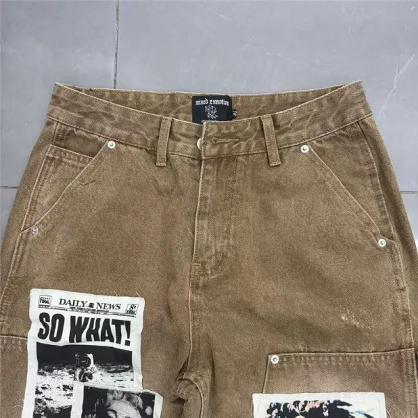 Design Newspaper Patchwork Distressed Black Jeans - 14