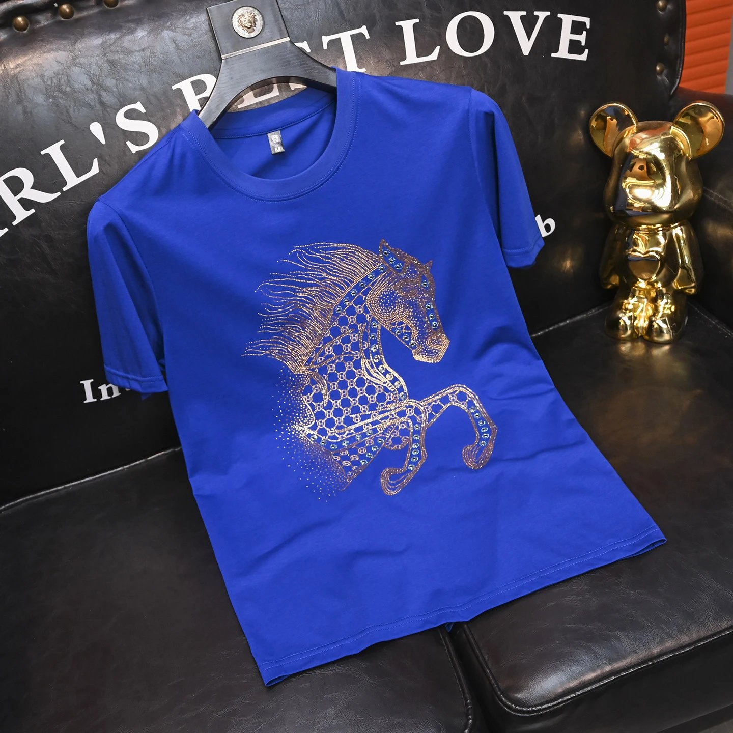 Design Horse Rhinestone Embroidery Royal Blue T-Shirt - 10