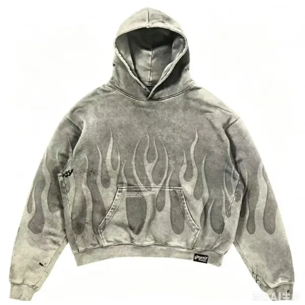 Design Flame Print Acid Wash Hoodie - 1