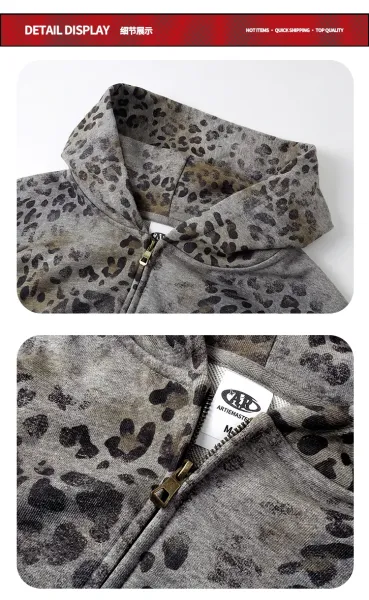 Design Leopard Print Heavyweight Fleece Zip-Up Hoodie and Sweatpants Set - 13