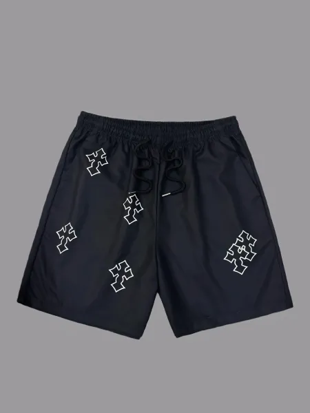 Design Puzzle Print Drawstring Shorts Black - 1