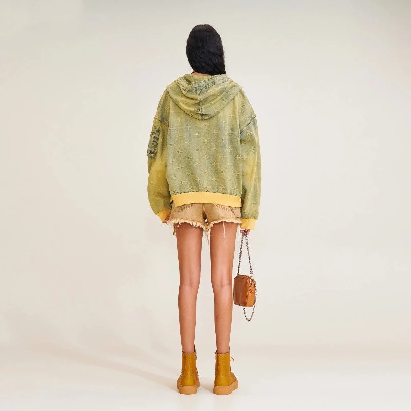 SMF SMFK Hooded Denim Jacket Olive Green Cross-Stitch Embroidery Outerwear - 5