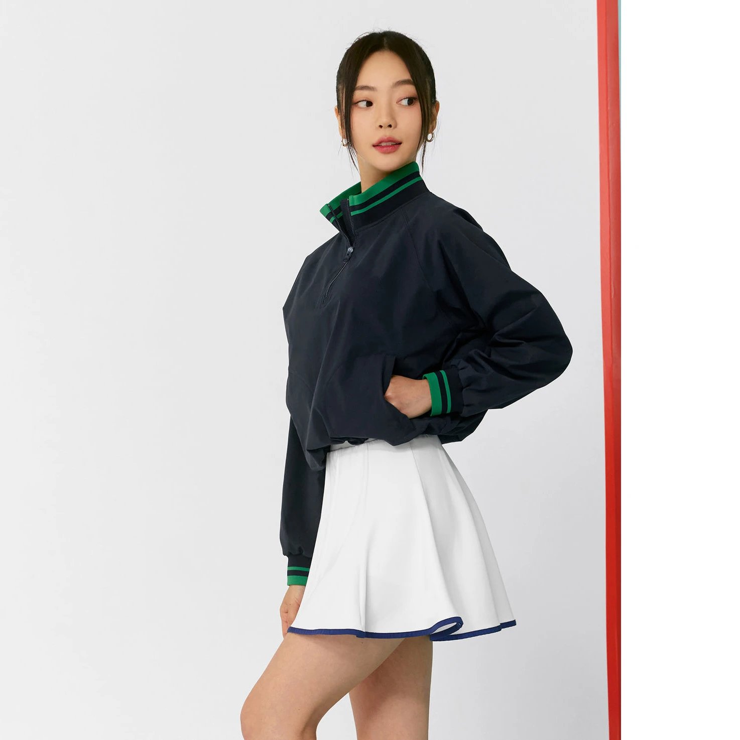 Design Windbreaker Jacket Navy with Green Trim and White Pleated Skirt Outerwear - 1