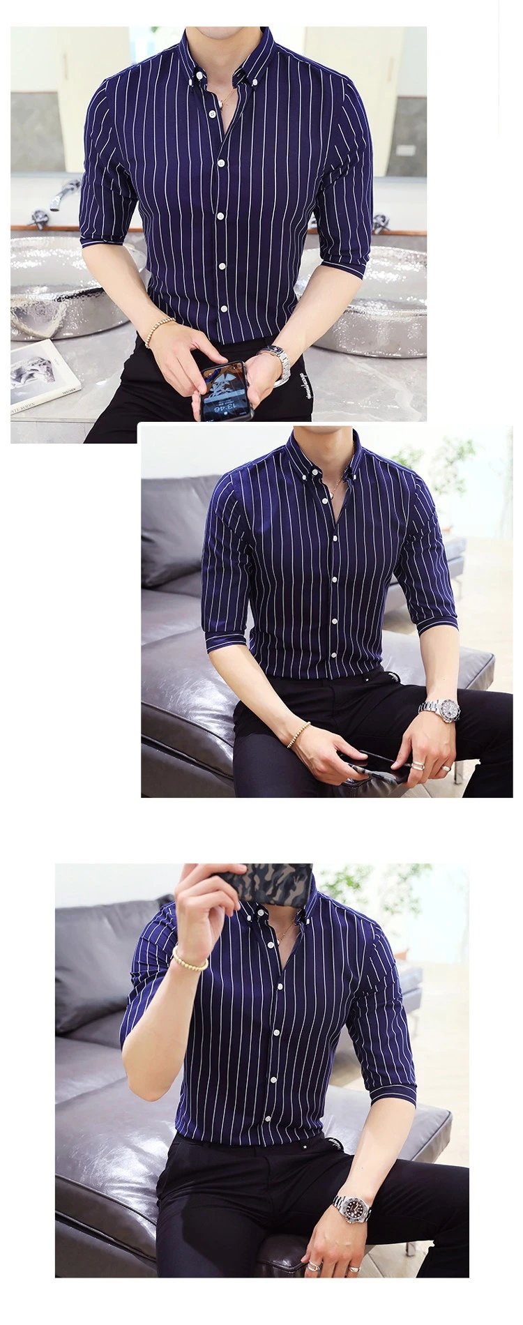 Design Striped Button-Down Shirt White with Black Vertical Stripes Tops Shirt - 7