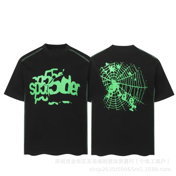 SP5DER Graphic Print Black T-Shirt with Neon Green Spiderweb Design - 1