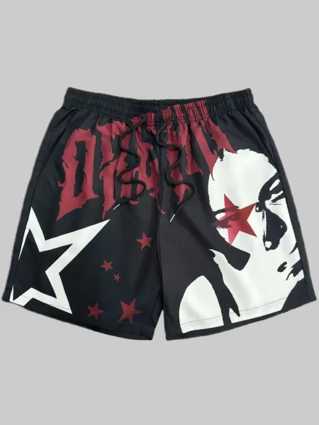 Design Puzzle Print Drawstring Shorts Black - 14