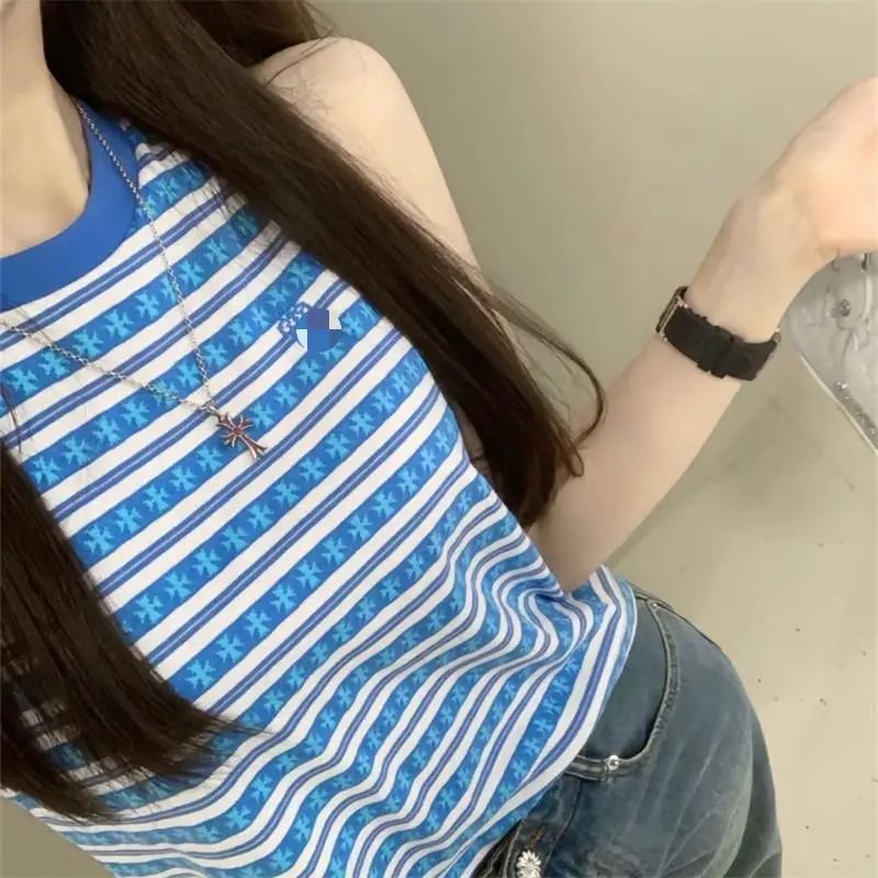 Design Striped Star-Print Sleeveless Top Blue Vest Top - 3
