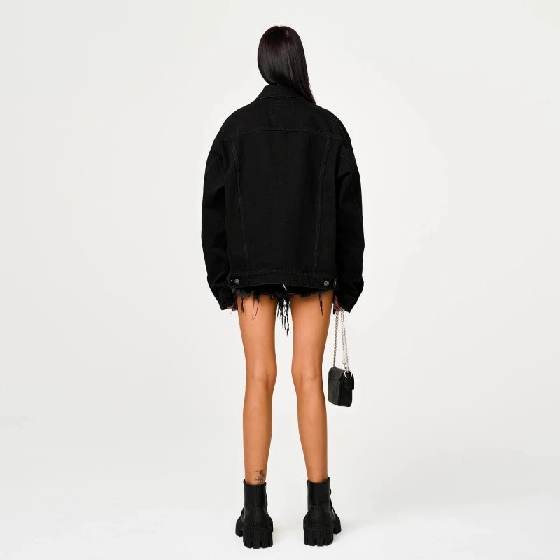 SMF Black Denim Jacket with Embroidered Floral Motif - 9