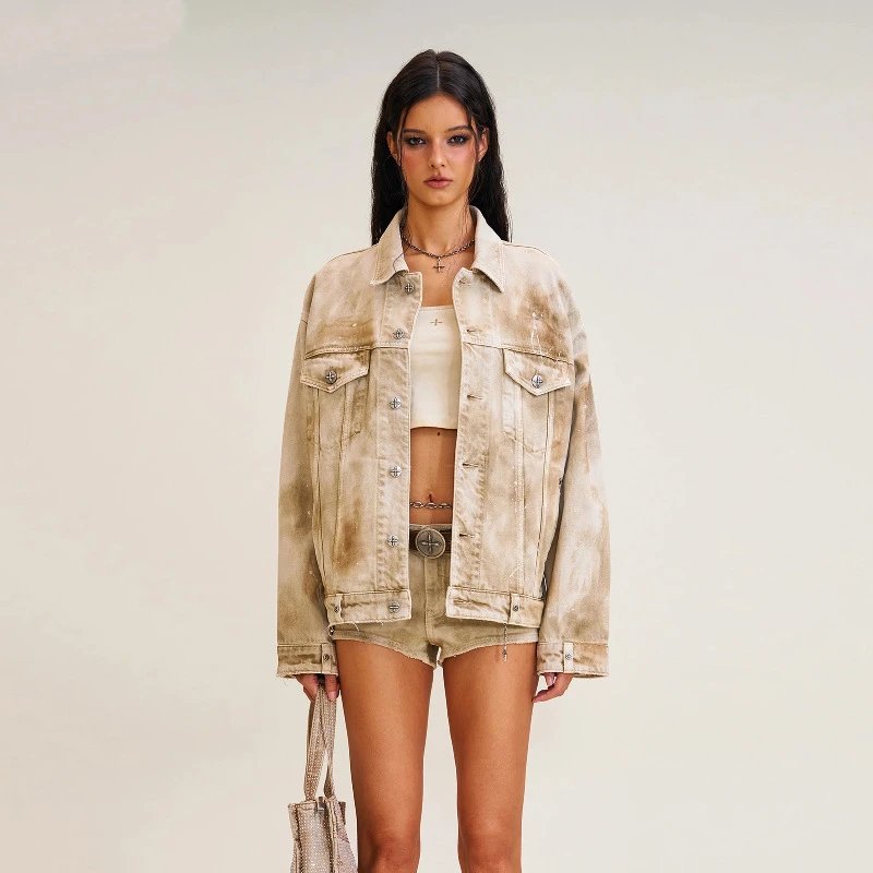 Design Glitter Denim Jacket Beige Outerwear - 7