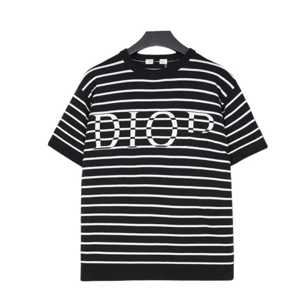Dior Striped Logo Knit T-Shirt Black and White - 1