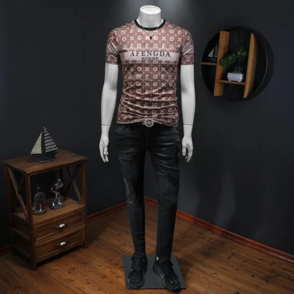 Design AFENGDA Homme Monogram Print Brown T-Shirt T-Shirts - 16