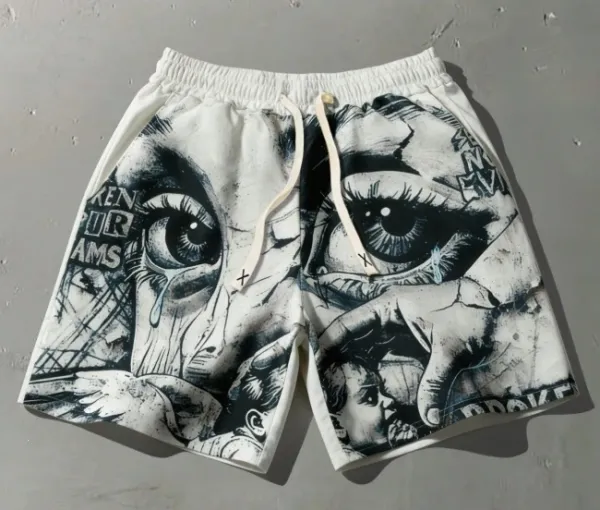 Design Graphic Print Drawstring Shorts White - 1